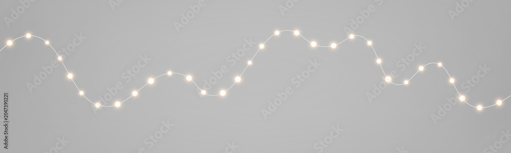 Fototapeta premium Xmas luminous garland PNG. Christmas string lights with golden glowing LED lamps and yellow bulb lights. Realistic decoration isolated on transparent background.