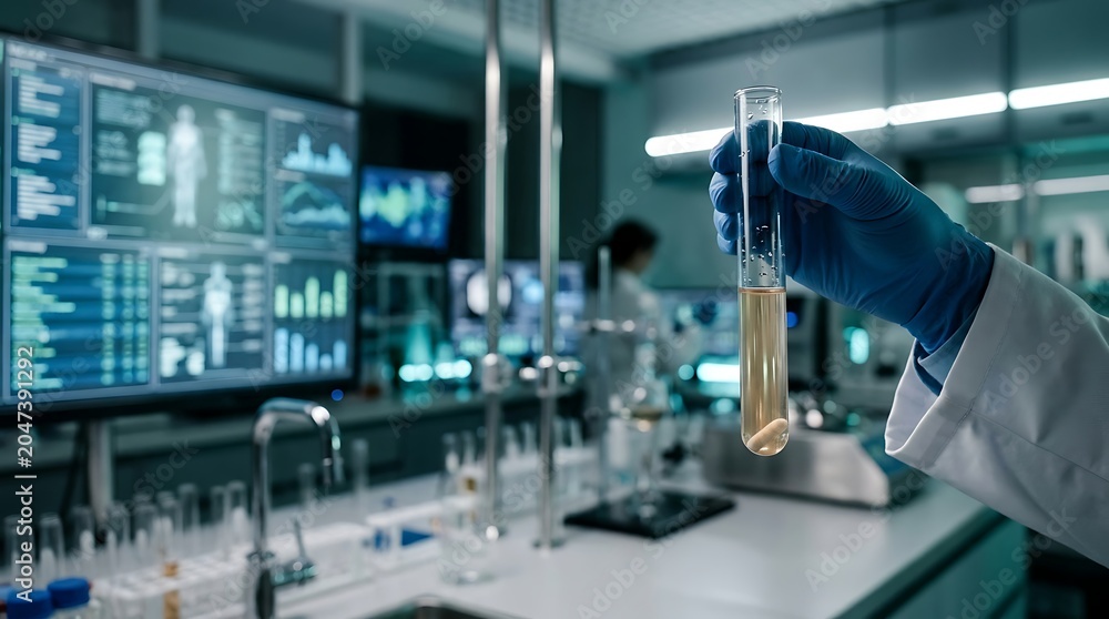Naklejka premium Scientist holding test tube with capsule in modern research lab