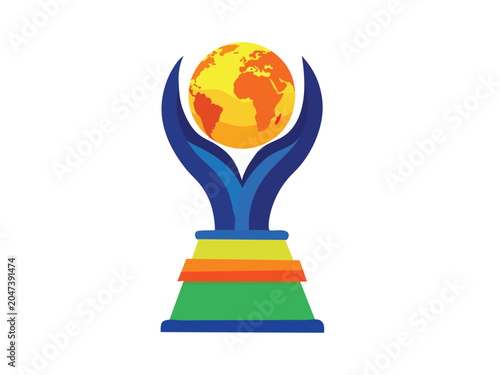 Colorful trophy icon with a globe on top, representing victory, achievement, and global sports competition, flat vector illustration