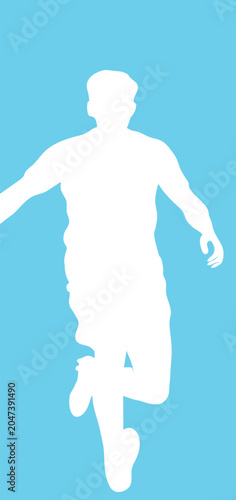 White silhouette of a soccer player running on a light blue background, dynamic sports action pose, vector illustration