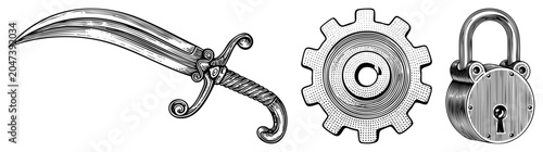 This collection features a sharp scimitar, a heavy cogwheel, and a sturdy padlock. Each element, from the curved falchion to the industrial and the latch, detailed woodcut etching.