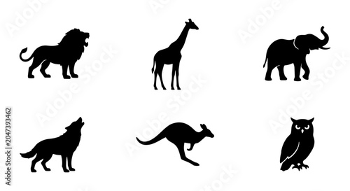 Photography Silhouette Animal Icons: Lion, Giraffe, Elephant, Wolf, Kangaroo, Owl Vector Set