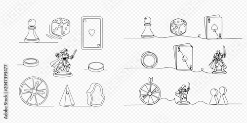 Foto Continuous line art drawing of various board game pieces, including chess pawn, dice, playing cards, and meeples, on a white background