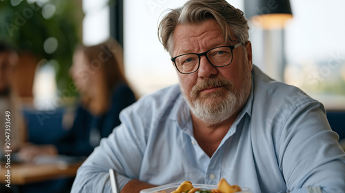 Senior male employee in a corporate break room overhearing younger colleagues commenting on his lunch, his measured expression masking discomfort, a nutritious home-packed meal in