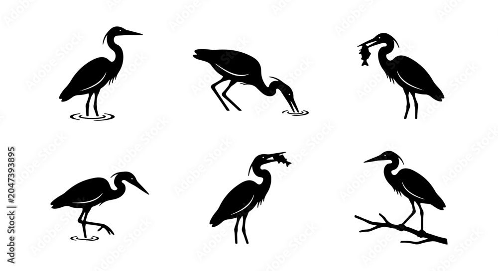 Fototapeta premium Heron Bird Silhouettes Collection: Elegant Wildlife Icons for Nature and Design Projects, Vector Graphics