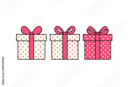 Three Pink Polka Dot Gift Boxes with Bows Vector Illustration, Isolated Transparent Background for Holiday or Celebration Design