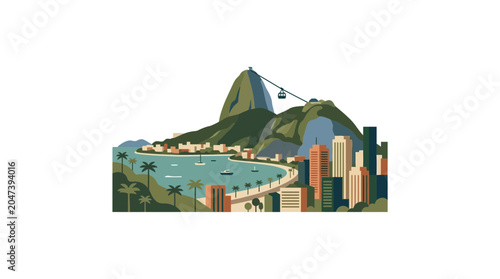 Εκτύπωση καμβά Iconic Rio de Janeiro cityscape with Sugarloaf Mountain and cable car, vector il
