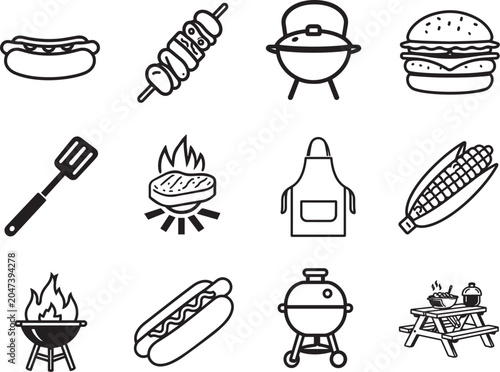 Φωτογραφία Collection of black and white icons representing barbecue food and cooking equipment, including hot dogs, burgers, skewers, grill, corn, and picnic table