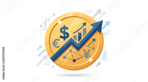 Gold coin with rising financial graph and currency symbols