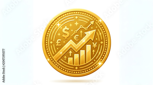 Gold coin with financial growth chart and currency symbols