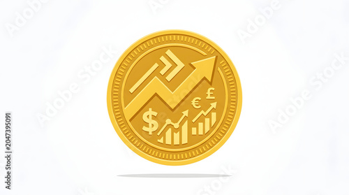 Gold coin featuring financial chart and currency symbols