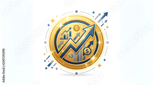 Gold coin illustration with rising charts and dollar signs