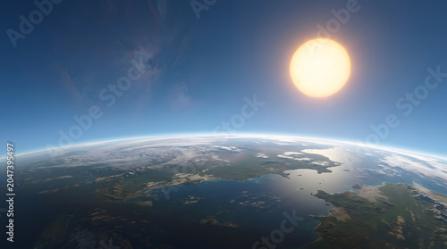 View of Earth from space with the sun and clouds, demonstrating celestial perspective
