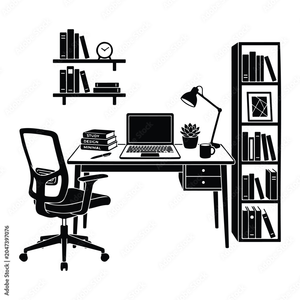 Fototapeta premium Modern home office workspace silhouette with desk chair laptop and bookshelf furniture set