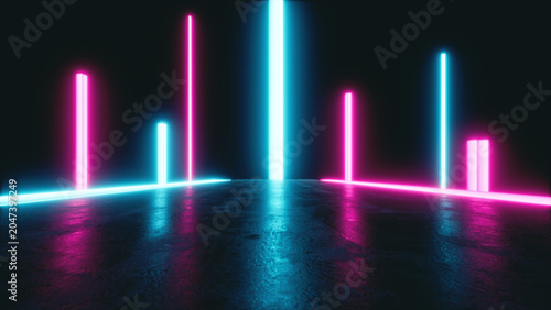 Abstract neon light bars glowing on a dark reflective surface