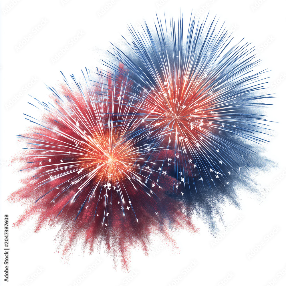 Obraz premium Vibrant red and blue fireworks explosion isolated on white background