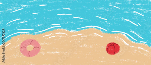 Naive crayon style vector background of sandy seashore with pink swim ring, red beach ball and gentle blue ocean waves.