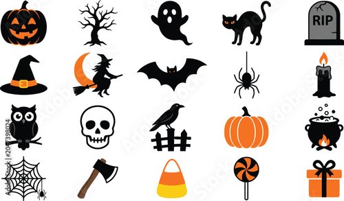 Halloween Icons Collection Flat Vector Illustration On White Background