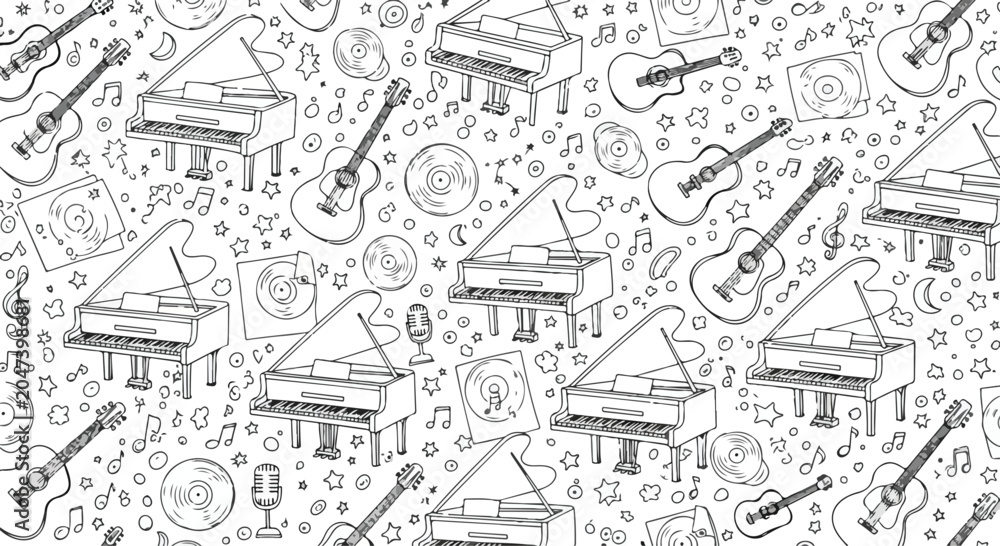 Fototapeta premium Seamless pattern of musical instruments and houses in a whimsical doodle style