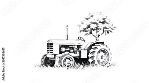 Foto Tractor Vintage Farm Machine with Growing Tree Symbolizing Sustainable Agricultu