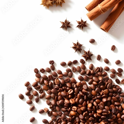 Minimalist flat lay of roasted coffee beans with cinnamon sticks and star anise on white background