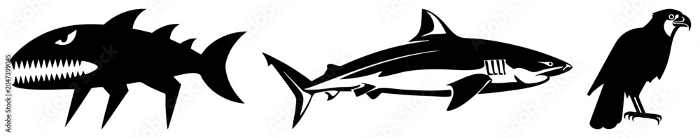 Obraz premium This graphic set features a fierce predator, a sleek sea, and a sharp eyed crow. These stylized silhouettes present a bold contrast of marine and avian life.