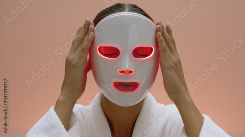 Woman relaxing with led light therapy mask for skincare treatment in spa setting