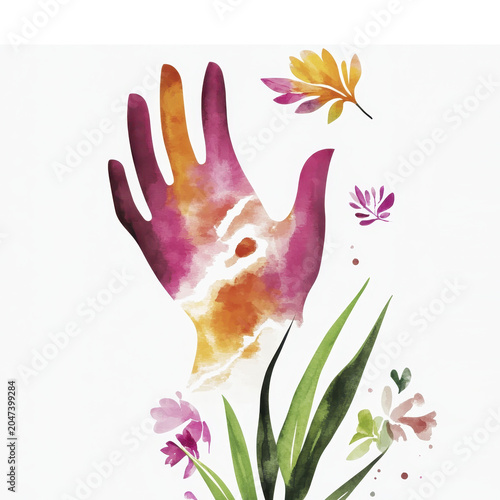 Vibrant watercolor hand with floral elements on white background