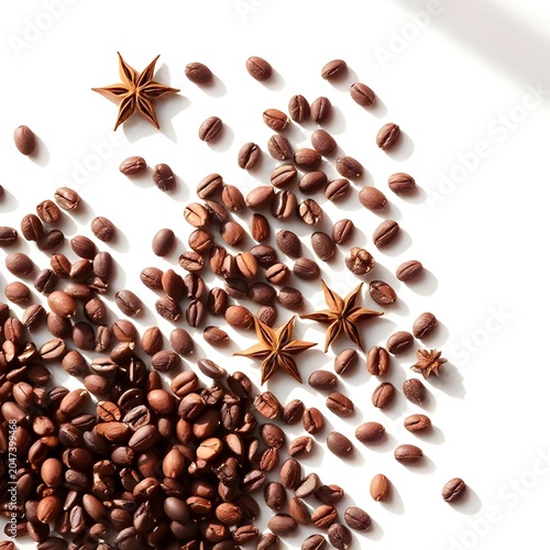 Minimalist flat lay of roasted coffee beans and star anise on a white background