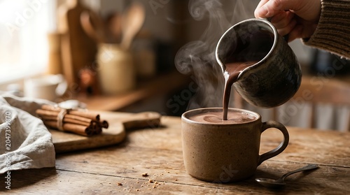 Pouring rich hot chocolate into a ceramic mug on a rustic table