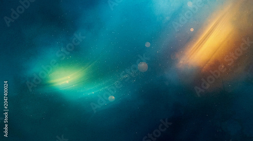 Abstract cosmic background with glowing teal and golden light streaks, ethereal nebula texture, cinematic bokeh particles, modern digital art wallpaper, elegant dark aesthetic for creative design