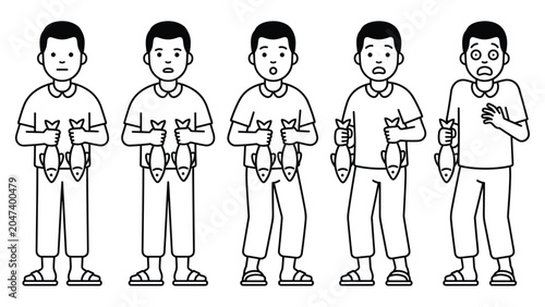 Tableau sur toile Boy holding fish in various expressions, from neutral to shocked, afraid, and worried