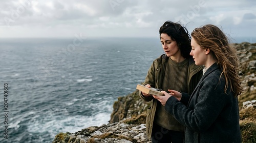 Two women reading a book on a cliff overlooking the ocean