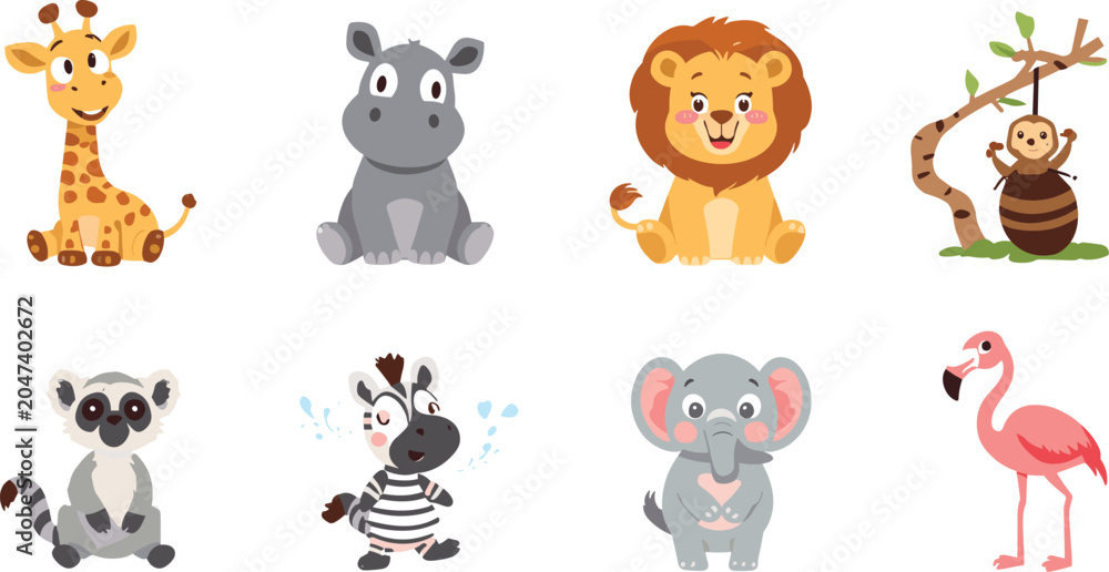 Fototapeta premium Cute cartoon safari wild animals set with giraffe lion elephant zebra hippo monkey lemur flamingo characters