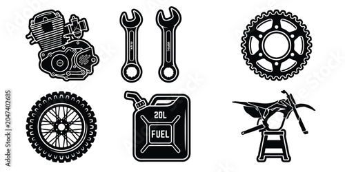 A set of six black and white icons depicting motorcycle parts and tools, perfect for graphic design projects with a monochromatic style, against a clean white background.