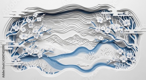 Blue and white paper cut art featuring waves and blossoms.