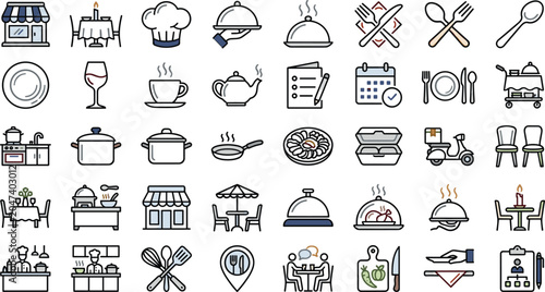 Canvastavla Restaurant food cooking icons set with dining kitchenware catering delivery menu
