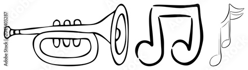 Minimalist of a brass horn and melodic notes. This whimsical bugle and musical notation set features a simple doodle style perfect for jazz themes.