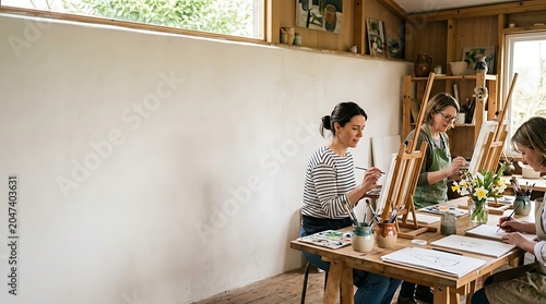 Women painting on canvases in a bright art studio