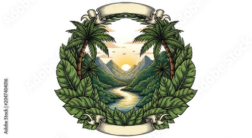 Colorful tropical mountain landscape inside decorative leaf frame.