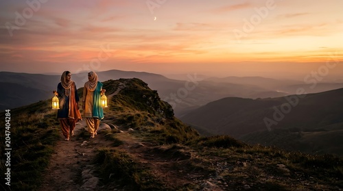 Muslim women with lanterns walking on a mountain ridge at sunset
