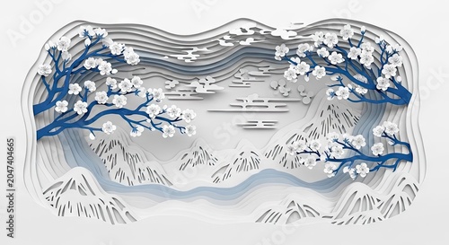 Detailed white paper cut mountain landscape with trees.