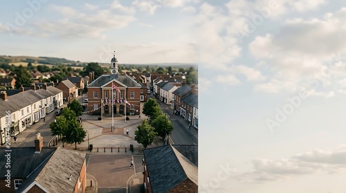 Aerial view of a historic town square with a brick town hall