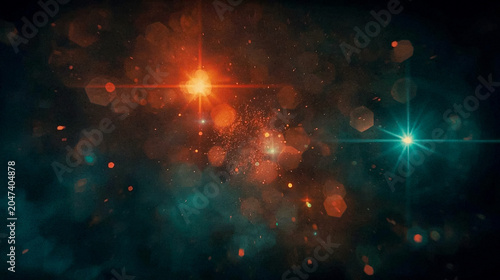 Abstract Bokeh Background with Fiery Orange and Teal Light Flares, Dust Particles, and Hexagonal Bokeh Shapes, Ideal for Luxury Wallpaper, Modern Backdrop with Copy Space, Vibrant Energy and Dynamic