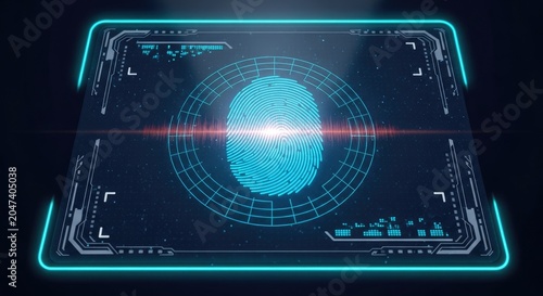 Digital fingerprint scan on glowing futuristic HUD screen.