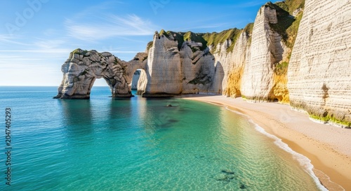 Dramatic white limestone cliffs and natural arch at Etretat.