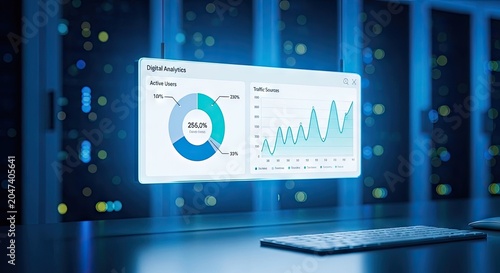 Financial data and charts on screen in server room.