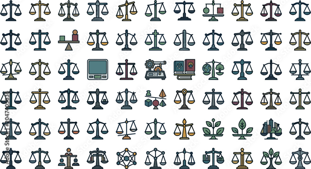 Obraz premium Legal law justice scale vector icon set with weight balance courtroom attorney judge judgment ethics and equality