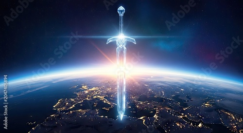 Glowing blue sword floating above Earth at night.