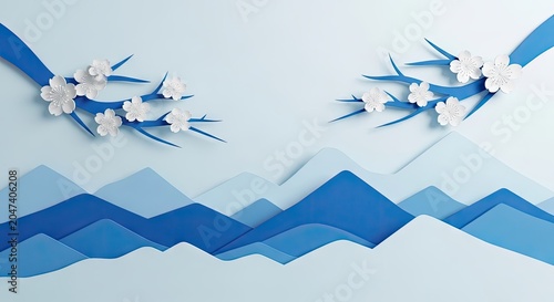 Layered paper cut art of mountains and white flowers.